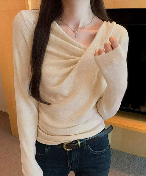 長袖ドレープニットトップス Vネック秋冬 美しい胸元ニットプルオーバー レディース 柔らかいニット きれいめカジュアル 韓国風ニットソー 大人可愛い着やせトップス 90CHENXINI-025