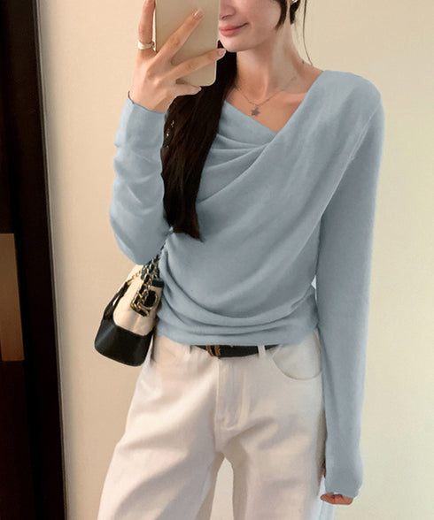 長袖ドレープニットトップス Vネック秋冬 美しい胸元ニットプルオーバー レディース 柔らかいニット きれいめカジュアル 韓国風ニットソー 大人可愛い着やせトップス 90CHENXINI-025