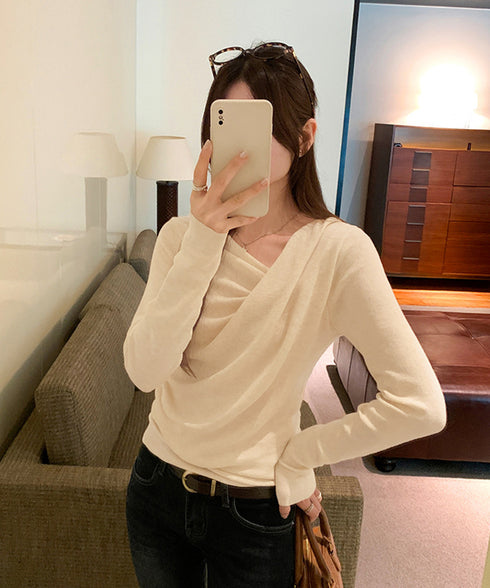 長袖ドレープニットトップス Vネック秋冬 美しい胸元ニットプルオーバー レディース 柔らかいニット きれいめカジュアル 韓国風ニットソー 大人可愛い着やせトップス 90CHENXINI-025