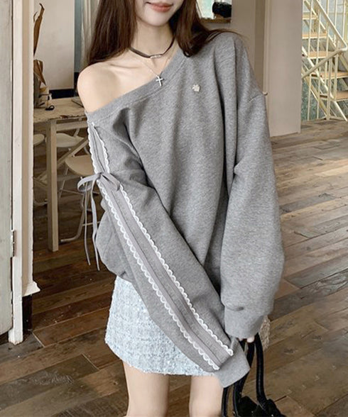 オフショルダースウェット長袖レースリボン 大人可愛いスウェット レディース 韓国風 おしゃれトレーナー無地 萌え袖ガーリートップス カジュアルきれいめ秋冬服抜け感 90CHENXINI-027