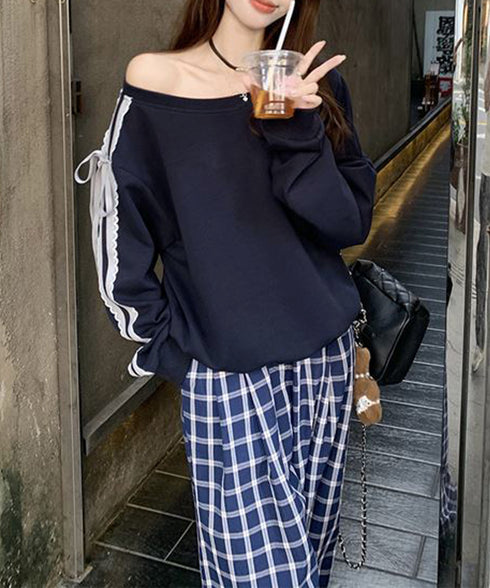 オフショルダースウェット長袖レースリボン 大人可愛いスウェット レディース 韓国風 おしゃれトレーナー無地 萌え袖ガーリートップス カジュアルきれいめ秋冬服抜け感 90CHENXINI-027