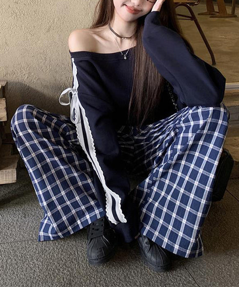 オフショルダースウェット長袖レースリボン 大人可愛いスウェット レディース 韓国風 おしゃれトレーナー無地 萌え袖ガーリートップス カジュアルきれいめ秋冬服抜け感 90CHENXINI-027