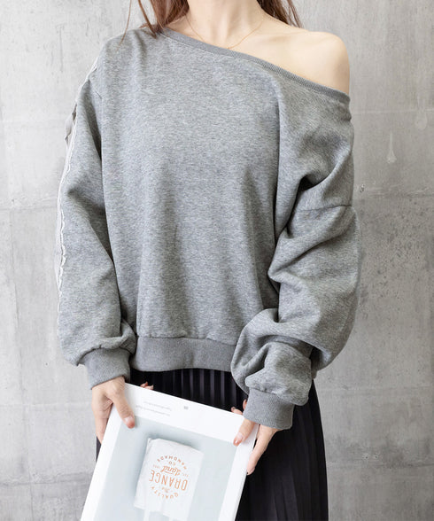 オフショルダースウェット長袖レースリボン 大人可愛いスウェット レディース 韓国風 おしゃれトレーナー無地 萌え袖ガーリートップス カジュアルきれいめ秋冬服抜け感 90CHENXINI-027