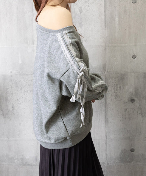 オフショルダースウェット長袖レースリボン 大人可愛いスウェット レディース 韓国風 おしゃれトレーナー無地 萌え袖ガーリートップス カジュアルきれいめ秋冬服抜け感 90CHENXINI-027