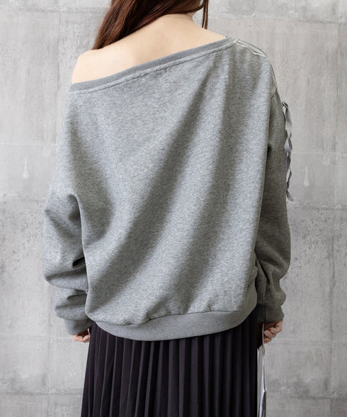 オフショルダースウェット長袖レースリボン 大人可愛いスウェット レディース 韓国風 おしゃれトレーナー無地 萌え袖ガーリートップス カジュアルきれいめ秋冬服抜け感 90CHENXINI-027