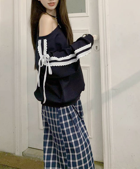 オフショルダースウェット長袖レースリボン 大人可愛いスウェット レディース 韓国風 おしゃれトレーナー無地 萌え袖ガーリートップス カジュアルきれいめ秋冬服抜け感 90CHENXINI-027