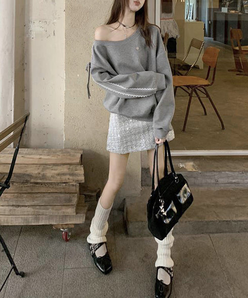 オフショルダースウェット長袖レースリボン 大人可愛いスウェット レディース 韓国風 おしゃれトレーナー無地 萌え袖ガーリートップス カジュアルきれいめ秋冬服抜け感 90CHENXINI-027