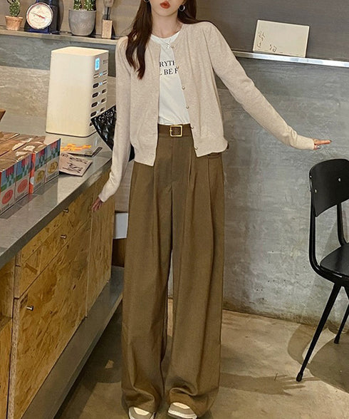 金ボタンショートニットカーディガン韓国風 レディース シンプル ベーシック定番ニット ゴールドボタン羽織り コンパクトニットトップス長袖クルーネックニットセーター 90CHENXINI-028