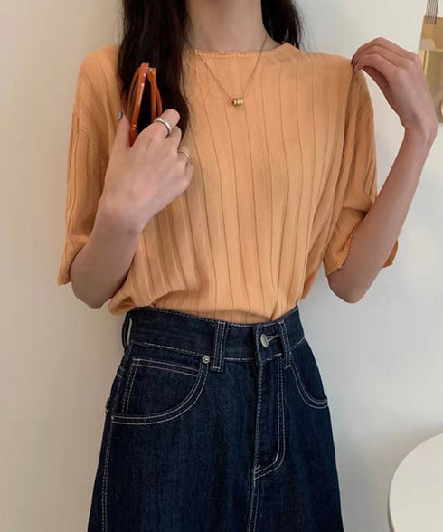 サマーニットトップス半袖 カットソー夏服 薄手リブニットTシャツレディース ベーシックニット着やせトップス 通勤通学 オフィスカジュアル シンプルニットソー着回し 90CHENXINI-030