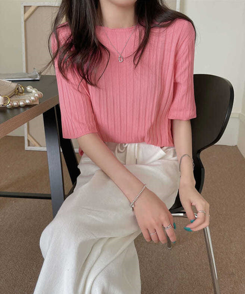 サマーニットトップス半袖 カットソー夏服 薄手リブニットTシャツレディース ベーシックニット着やせトップス 通勤通学 オフィスカジュアル シンプルニットソー着回し 90CHENXINI-030