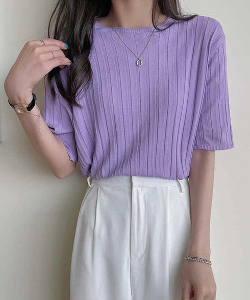 サマーニットトップス半袖 カットソー夏服 薄手リブニットTシャツレディース ベーシックニット着やせトップス 通勤通学 オフィスカジュアル シンプルニットソー着回し 90CHENXINI-030