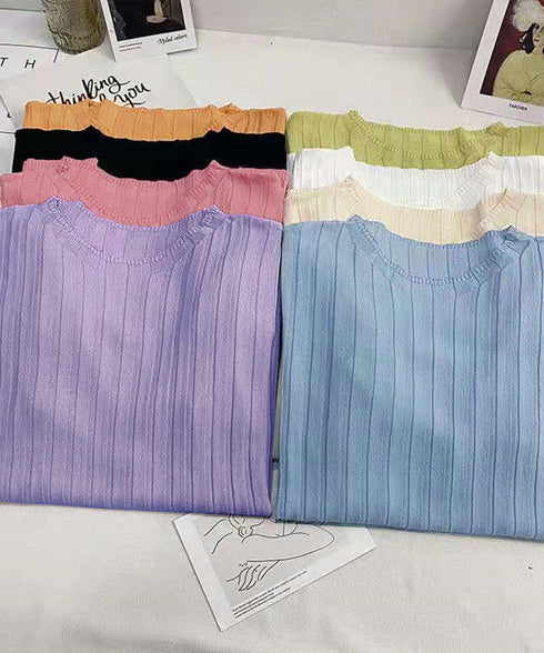 サマーニットトップス半袖 カットソー夏服 薄手リブニットTシャツレディース ベーシックニット着やせトップス 通勤通学 オフィスカジュアル シンプルニットソー着回し 90CHENXINI-030