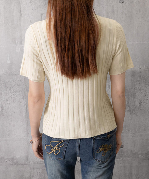 サマーニットトップス半袖 カットソー夏服 薄手リブニットTシャツレディース ベーシックニット着やせトップス 通勤通学 オフィスカジュアル シンプルニットソー着回し 90CHENXINI-030