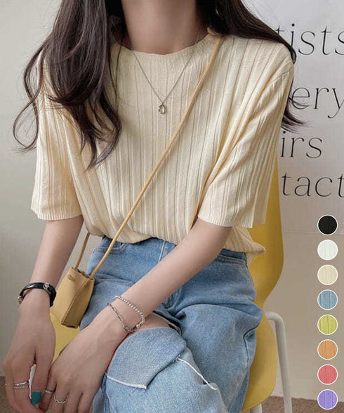 サマーニットトップス半袖 カットソー夏服 薄手リブニットTシャツレディース ベーシックニット着やせトップス 通勤通学 オフィスカジュアル シンプルニットソー着回し 90CHENXINI-030