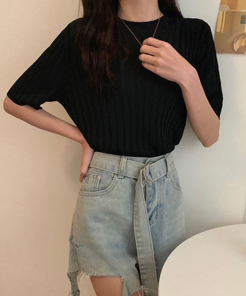 サマーニットトップス半袖 カットソー夏服 薄手リブニットTシャツレディース ベーシックニット着やせトップス 通勤通学 オフィスカジュアル シンプルニットソー着回し 90CHENXINI-030