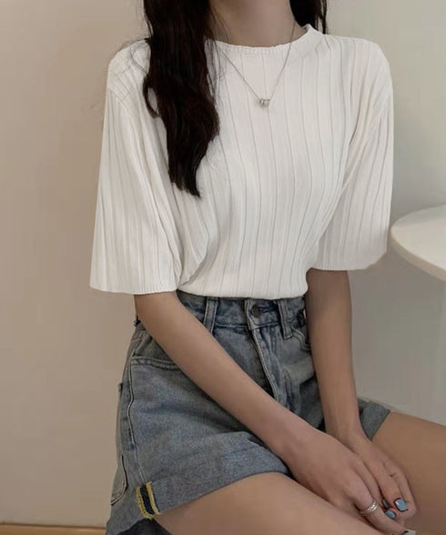 サマーニットトップス半袖 カットソー夏服 薄手リブニットTシャツレディース ベーシックニット着やせトップス 通勤通学 オフィスカジュアル シンプルニットソー着回し 90CHENXINI-030
