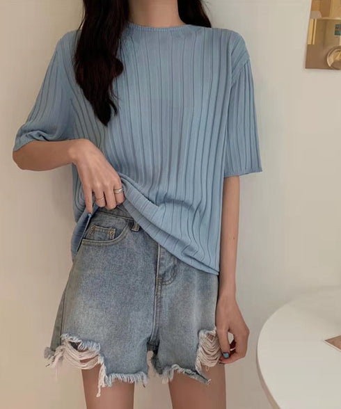 サマーニットトップス半袖 カットソー夏服 薄手リブニットTシャツレディース ベーシックニット着やせトップス 通勤通学 オフィスカジュアル シンプルニットソー着回し 90CHENXINI-030