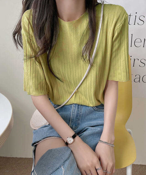 サマーニットトップス半袖 カットソー夏服 薄手リブニットTシャツレディース ベーシックニット着やせトップス 通勤通学 オフィスカジュアル シンプルニットソー着回し 90CHENXINI-030