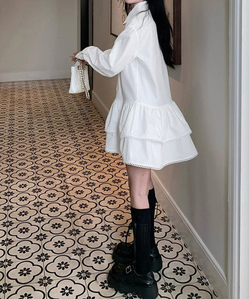 ティアードチュニックシャツワンピース長袖 Aラインワンピースレディース フェミニン フリルミニワンピース 大人可愛い ロングシャツ 体型カバー フレアワンピース白 90CHENXINI-031
