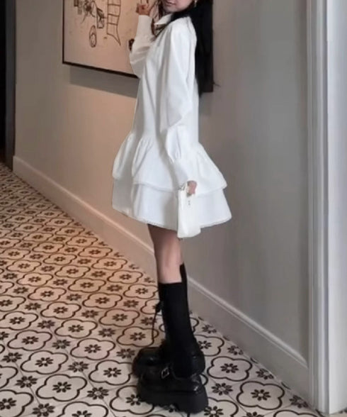 ティアードチュニックシャツワンピース長袖 Aラインワンピースレディース フェミニン フリルミニワンピース 大人可愛い ロングシャツ 体型カバー フレアワンピース白 90CHENXINI-031