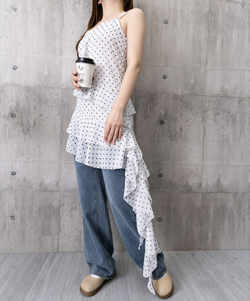 ドット柄キャミチュニックティアードキャミ お洒落な水玉キャミソールワンピ アシンメトリー フリルブラウス レイヤードトップスノースリーブ 重ね着チュニックy2k風 90CHENXINI-033