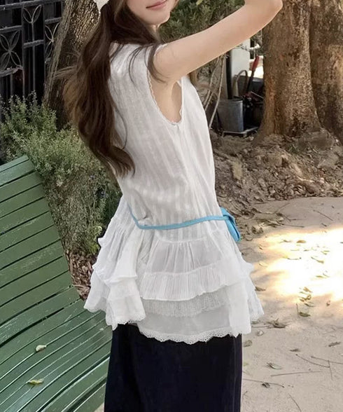 レースチュニック ティアードブラウス春夏 韓国風vネックブラウスレディース バレエコア ノースリーブトップスリボン フリルペプラムブラウスシアートップス大人可愛い 90CHENXINI-034