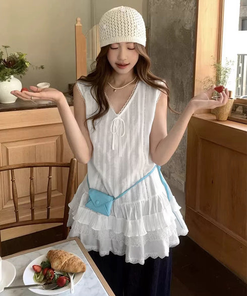 レースチュニック ティアードブラウス春夏 韓国風vネックブラウスレディース バレエコア ノースリーブトップスリボン フリルペプラムブラウスシアートップス大人可愛い 90CHENXINI-034