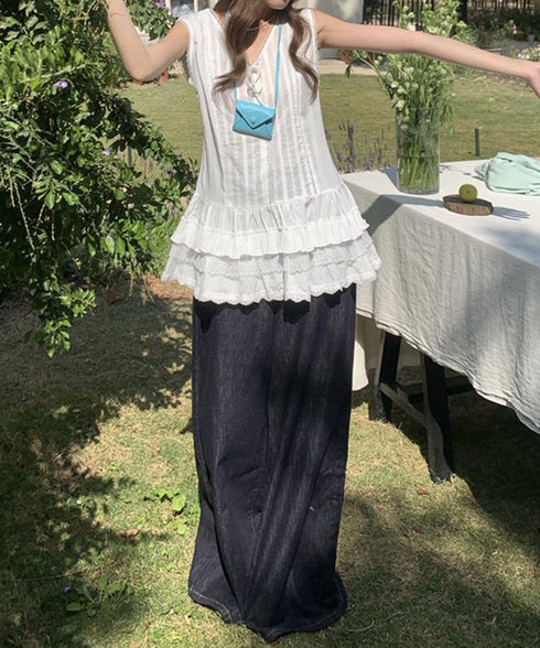 レースチュニック ティアードブラウス春夏 韓国風vネックブラウスレディース バレエコア ノースリーブトップスリボン フリルペプラムブラウスシアートップス大人可愛い 90CHENXINI-034