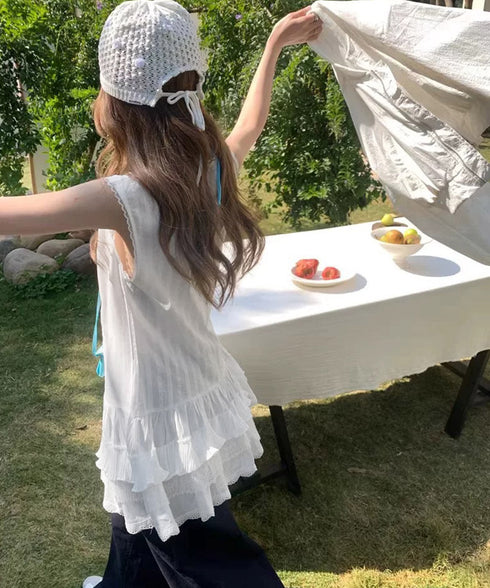 レースチュニック ティアードブラウス春夏 韓国風vネックブラウスレディース バレエコア ノースリーブトップスリボン フリルペプラムブラウスシアートップス大人可愛い 90CHENXINI-034