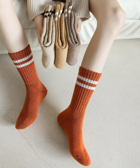 カシミヤ風ソックス 冷え取り 暖かい靴下 2本ライン 厚手クルーソックス リブ編みソックス ルームソックス 通学 あったか靴下カラバリ レトロカラーソックスお洒落 90CTYY-001
