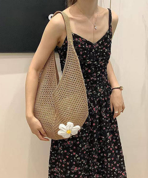 トートバッグ花モチーフ付き編みバッグ軽量 ニット編みビーチバッグ クロシェ編み ナチュラル鞄 大容量サマーバッグ リゾートバッグ 韓国風マザーズバッグ 軽いかばん 90DACHENG-001