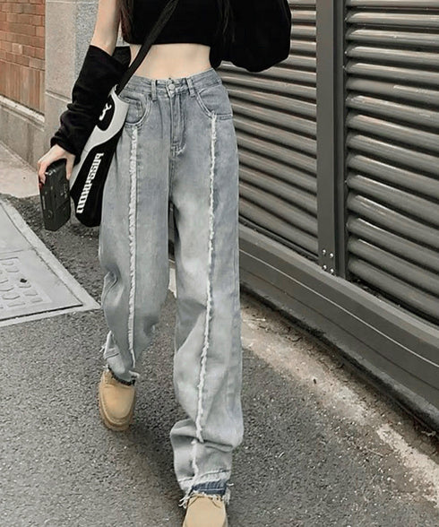 センターラインデニムパンツ ヴィンテージ レディース ハイウエストダメージデニム センタープレス風ワイドパンツ 着やせストレートパンツ 美脚脚長Gパン20代30代 90DAK-001