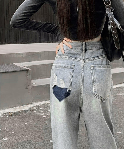 センターラインデニムパンツ ヴィンテージ レディース ハイウエストダメージデニム センタープレス風ワイドパンツ 着やせストレートパンツ 美脚脚長Gパン20代30代 90DAK-001