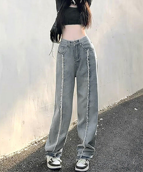 センターラインデニムパンツ ヴィンテージ レディース ハイウエストダメージデニム センタープレス風ワイドパンツ 着やせストレートパンツ 美脚脚長Gパン20代30代 90DAK-001