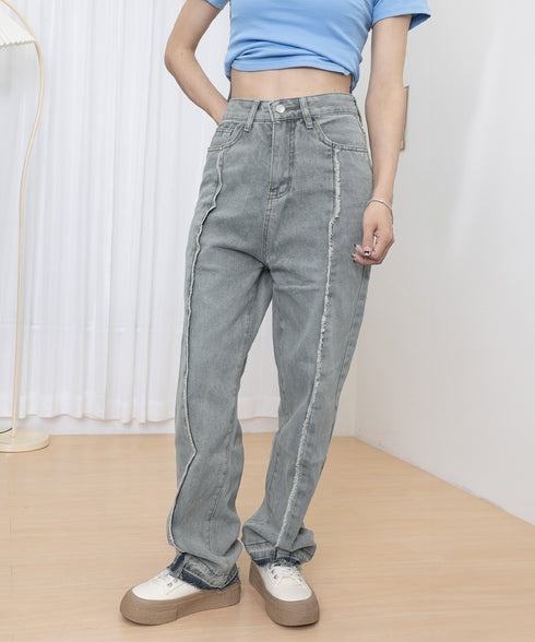 センターラインデニムパンツ ヴィンテージ レディース ハイウエストダメージデニム センタープレス風ワイドパンツ 着やせストレートパンツ 美脚脚長Gパン20代30代 90DAK-001