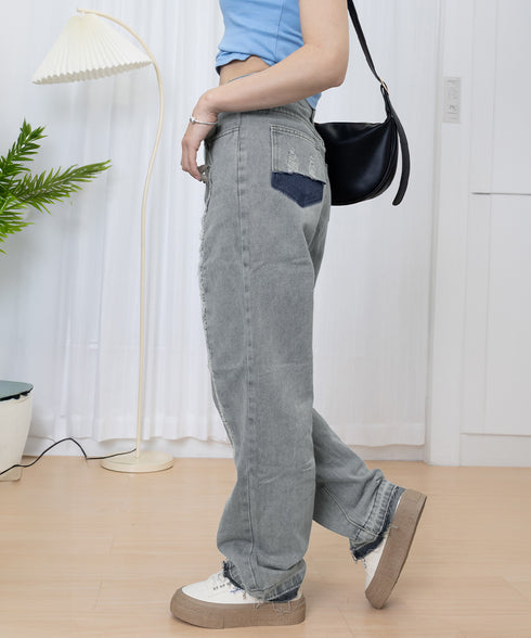 センターラインデニムパンツ ヴィンテージ レディース ハイウエストダメージデニム センタープレス風ワイドパンツ 着やせストレートパンツ 美脚脚長Gパン20代30代 90DAK-001