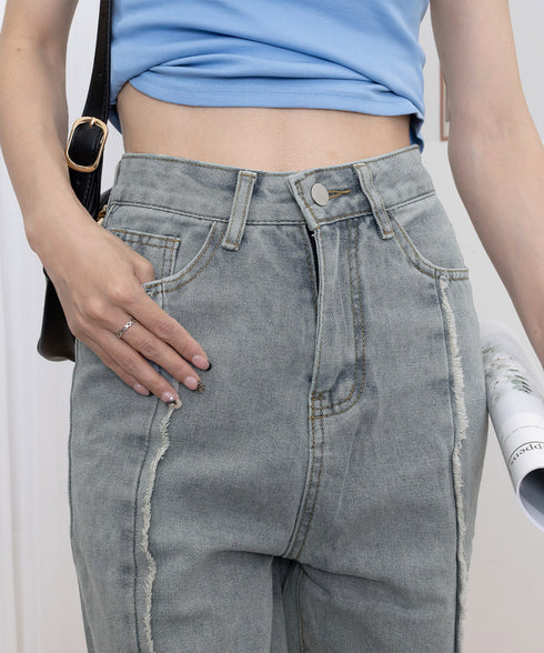 センターラインデニムパンツ ヴィンテージ レディース ハイウエストダメージデニム センタープレス風ワイドパンツ 着やせストレートパンツ 美脚脚長Gパン20代30代 90DAK-001