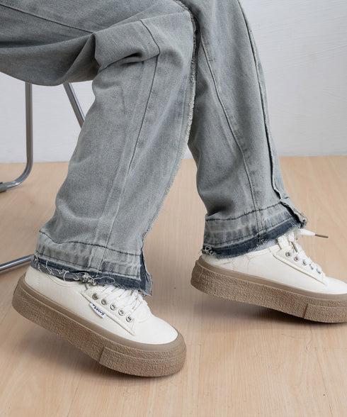 センターラインデニムパンツ ヴィンテージ レディース ハイウエストダメージデニム センタープレス風ワイドパンツ 着やせストレートパンツ 美脚脚長Gパン20代30代 90DAK-001