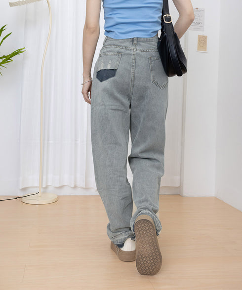 センターラインデニムパンツ ヴィンテージ レディース ハイウエストダメージデニム センタープレス風ワイドパンツ 着やせストレートパンツ 美脚脚長Gパン20代30代 90DAK-001