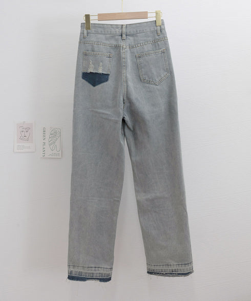 センターラインデニムパンツ ヴィンテージ レディース ハイウエストダメージデニム センタープレス風ワイドパンツ 着やせストレートパンツ 美脚脚長Gパン20代30代 90DAK-001