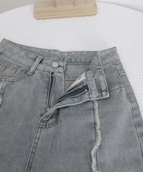 センターラインデニムパンツ ヴィンテージ レディース ハイウエストダメージデニム センタープレス風ワイドパンツ 着やせストレートパンツ 美脚脚長Gパン20代30代 90DAK-001