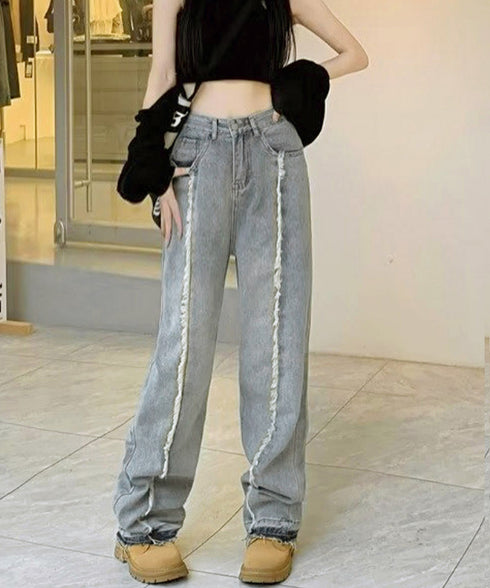 センターラインデニムパンツ ヴィンテージ レディース ハイウエストダメージデニム センタープレス風ワイドパンツ 着やせストレートパンツ 美脚脚長Gパン20代30代 90DAK-001