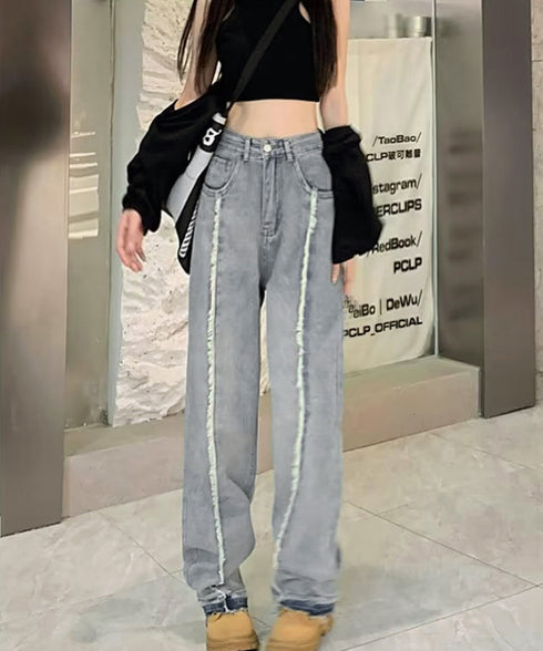 センターラインデニムパンツ ヴィンテージ レディース ハイウエストダメージデニム センタープレス風ワイドパンツ 着やせストレートパンツ 美脚脚長Gパン20代30代 90DAK-001