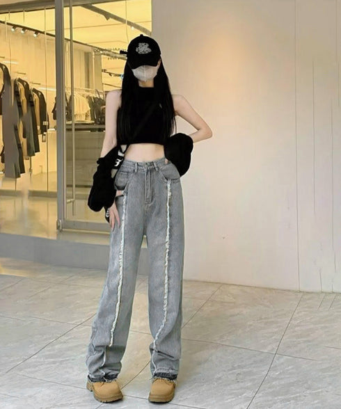 センターラインデニムパンツ ヴィンテージ レディース ハイウエストダメージデニム センタープレス風ワイドパンツ 着やせストレートパンツ 美脚脚長Gパン20代30代 90DAK-001