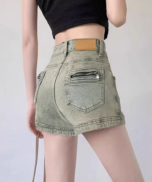ウォッシュデニムショートパンツレディース ヴィンテージ風デニムショーパン 美脚脚長ジーパン お洒落アメカジホットパンツ 細見え美尻ジーンズ レトロ短パンオルチャン 90DAK-002