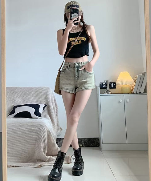 ウォッシュデニムショートパンツレディース ヴィンテージ風デニムショーパン 美脚脚長ジーパン お洒落アメカジホットパンツ 細見え美尻ジーンズ レトロ短パンオルチャン 90DAK-002