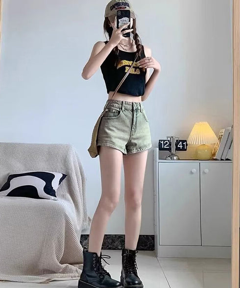 ウォッシュデニムショートパンツレディース ヴィンテージ風デニムショーパン 美脚脚長ジーパン お洒落アメカジホットパンツ 細見え美尻ジーンズ レトロ短パンオルチャン 90DAK-002