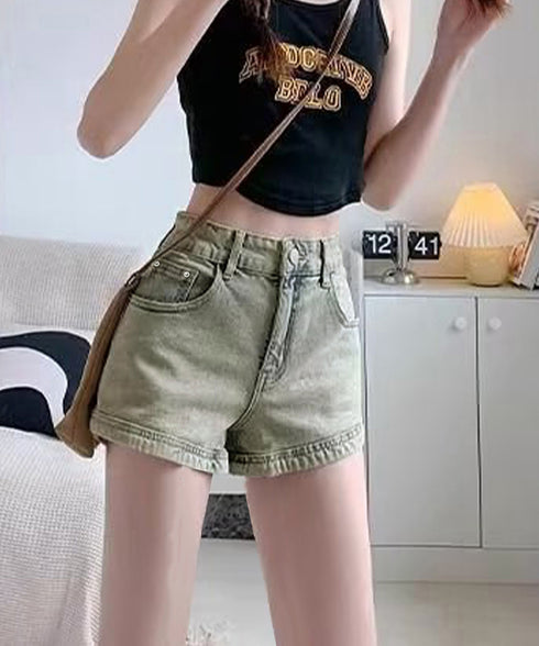 ウォッシュデニムショートパンツレディース ヴィンテージ風デニムショーパン 美脚脚長ジーパン お洒落アメカジホットパンツ 細見え美尻ジーンズ レトロ短パンオルチャン 90DAK-002