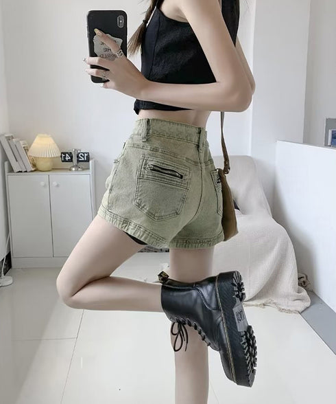 ウォッシュデニムショートパンツレディース ヴィンテージ風デニムショーパン 美脚脚長ジーパン お洒落アメカジホットパンツ 細見え美尻ジーンズ レトロ短パンオルチャン 90DAK-002