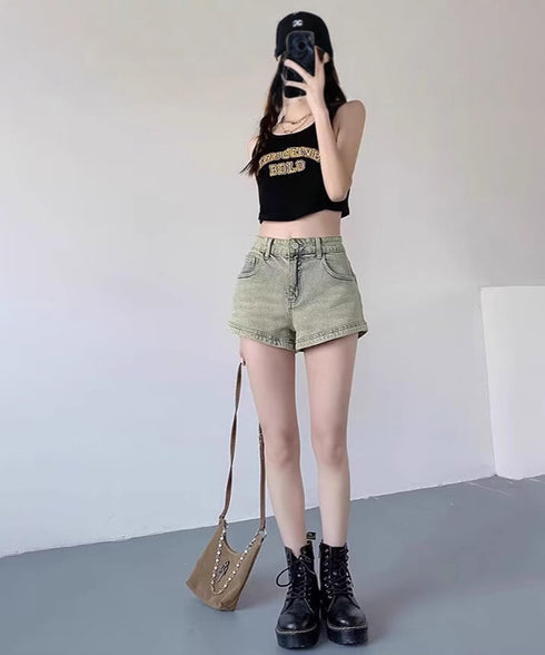 ウォッシュデニムショートパンツレディース ヴィンテージ風デニムショーパン 美脚脚長ジーパン お洒落アメカジホットパンツ 細見え美尻ジーンズ レトロ短パンオルチャン 90DAK-002
